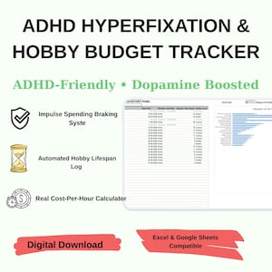May include: A digital ADHD hyperfixation and hobby budget tracker spreadsheet. Features include an impulse spending braking system, automated hobby lifespan log, and real cost-per-hour calculator. Compatible with Excel and Google Sheets as a digital download.
