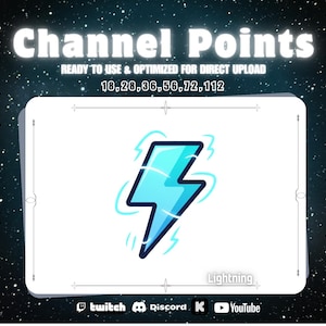 Op de afbeelding: Een digitale afbeelding met de tekst "Channel Points" en een blauw bliksempictogram. De afbeelding bevat ook de tekst "READY TO USE & OPTIMIZED FOR DIRECT UPLOAD" en de nummers 18, 28, 36, 56, 72 en 112. Social media-iconen onderaan.
