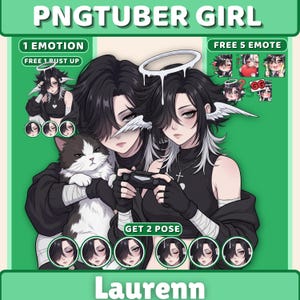 May include: Digital illustration of a PNGtuber character named Laurenn, featuring a dark-haired figure with white-tipped hair, a halo, and small wings, holding a game controller next to a cat. Includes multiple emotes and poses on a green background.