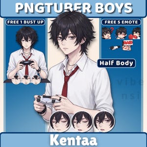 May include: Digital illustration of a male anime character, wearing a white shirt and red tie, holding a game controller. The image includes the text "PNGTUBER BOYS", "FREE 1 BUST UP", "FREE 5 EMOTE", "Half Body", and the name "Kentaa".