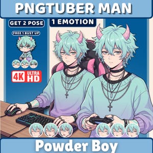 May include: A digital illustration of a character with mint green hair and pink horns, wearing a light blue sweater and layered necklaces. The character is shown in two poses, one using a computer mouse and keyboard, the other holding a game controller.