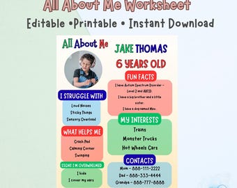印刷可能な「私について」ワークシート - 自閉症介護者サポート - 編集可能 - PDF