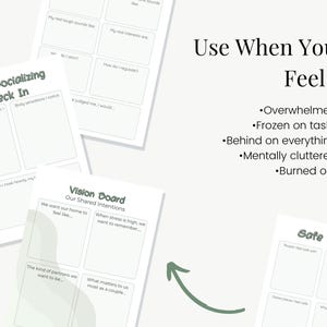 以下が含まれることがあります： 緑色のアクセントが付いた白い印刷可能なワークシートのコレクション。ワークシートには、「After Socializing Check In」や「Vision Board」など、自己反省のためのプロンプトが含まれています。「Use When You Feel」というテキストも、感情のリストとともに表示されます。