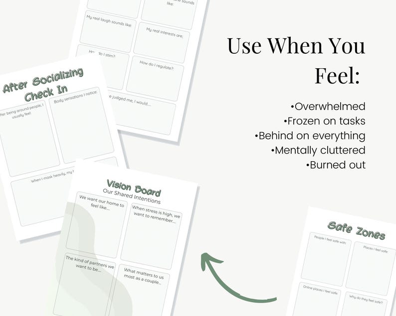 以下が含まれることがあります： 緑色のアクセントが付いた白い印刷可能なワークシートのコレクション。ワークシートには、「After Socializing Check In」や「Vision Board」など、自己反省のためのプロンプトが含まれています。「Use When You Feel」というテキストも、感情のリストとともに表示されます。