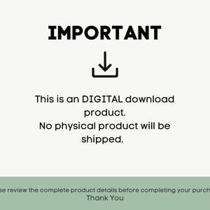 以下が含まれることがあります： 「重要」という太字の黒い文字が上部に書かれたデジタルダウンロード製品の通知。その下に下向きの矢印があり、デジタルダウンロードであり、物理的な製品は発送されないことを示すテキストが続きます。