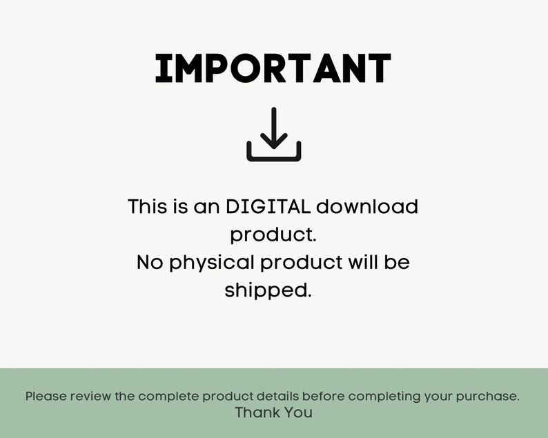 以下が含まれることがあります： 「重要」という太字の黒い文字が上部に書かれたデジタルダウンロード製品の通知。その下に下向きの矢印があり、デジタルダウンロードであり、物理的な製品は発送されないことを示すテキストが続きます。