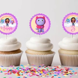 Adornos imprimibles para cupcakes de la casa de muñecas de Gabby / Decoración digital editable para fiestas / Adornos imprimibles personalizados para cupcakes de cumpleaños