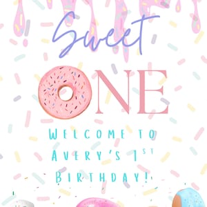 Sweet One Birthday Willkommensschild Donut Geburtstag Bearbeitbare Donut Geburtstagsfeier Erster Geburtstag Donut Zeichen Geburtstagskind