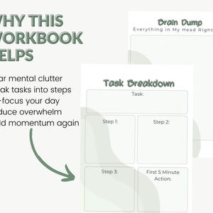 以下が含まれることがあります： 緑色のアクセントとテキストが入った白いワークブック。ワークブックには、ブレインダンプとタスクの内訳のセクションが含まれています。左側のテキストには「このワークブックが役立つ理由」と書かれており、精神的な混乱を解消し、圧倒感を軽減するなどの利点が記載されています。