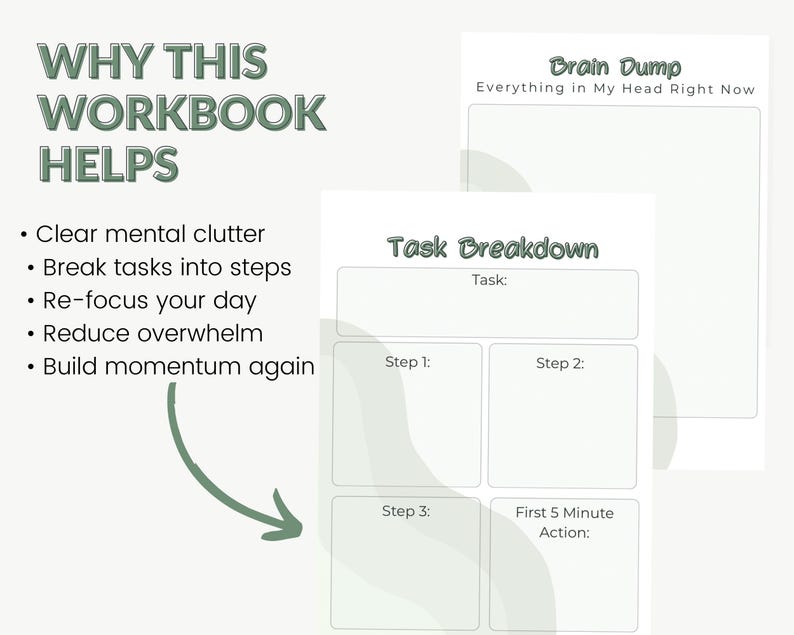 以下が含まれることがあります： 緑色のアクセントとテキストが入った白いワークブック。ワークブックには、ブレインダンプとタスクの内訳のセクションが含まれています。左側のテキストには「このワークブックが役立つ理由」と書かれており、精神的な混乱を解消し、圧倒感を軽減するなどの利点が記載されています。