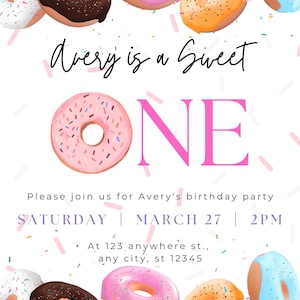 Sweet One Birthday Invitation, 1st Birthday Girl Invitation, Sweet One 1st Birthday Invitation Pink Donut Birthday Invite Printable
