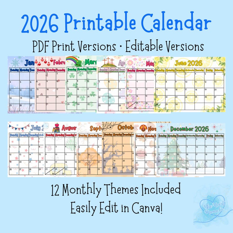2026 Seasonal Printable Calendar, Monthly Holiday Themed Calendar PDF ...