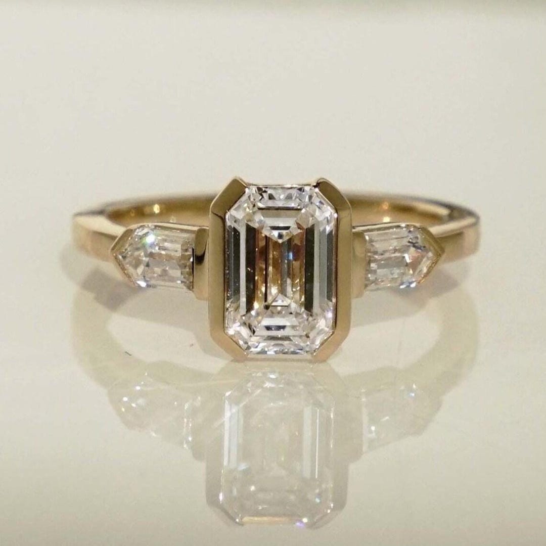 Emerald Cut Lab Diamond Engagement Ring: Three Stone Gold Wedding Ring ...
