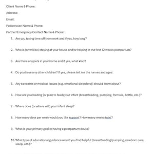 Postpartum Doula Intake Form