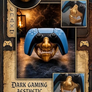 Könnte beinhalten: Ein goldfarbener Controller-Ständer in Form einer Dämonenmaske für PS5-Controller. Der Ständer zeigt ein stilisiertes Gesicht mit entblößten Zähnen. Der Text umfasst Onyx Demon Holder, Handmade PS5 Controller Stand, Dark Gaming Aesthetic und Etsy Exclusive.