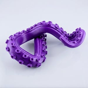 Könnte beinhalten: Eine violette Oktopus-Tentakel-Skulptur mit einer geschwungenen, flexiblen Form. Die Oberfläche weist eine Reihe von erhabenen, kreisförmigen Saugnäpfen auf, die entlang der Gliedmaße angeordnet sind und eine glatte, matte Textur aufweisen.
