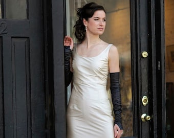 Champagne Simple Fit-and-Flare Silk Wedding Dress, Made to Order