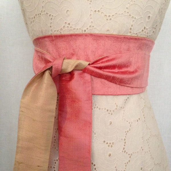 Ceinture obi réversible en soie shantung rose et doré