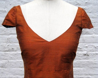 Orange Rust V-neck Cap-Sleeve Fitted Silk Shantung Sheath Dress, Made to Order