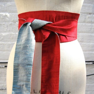 Red & Aqua Reversible Silk Shantung Obi Sash