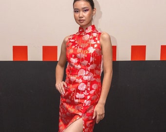 Red Brocade Modern Cheongsam Long Column Dress, Made to Order