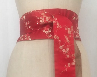 Cherry Blossom Asian Brocade and Shantung Reversible Obi Sash, Red and Gold