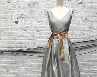Pewter V neck Silk Shantung Ball Gown Dress, Made to Order