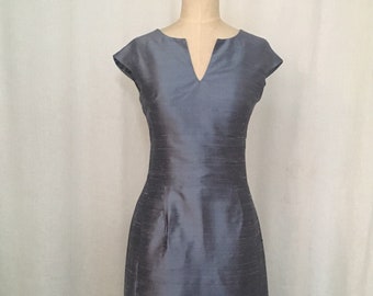 Slate Blue Silk Shantung Cap-sleeve Sheath Dress, Made to Order