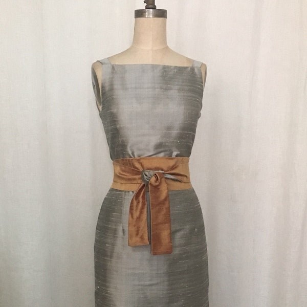 Silver Gray Shantung Simple Sheath Dress, Made to Order
