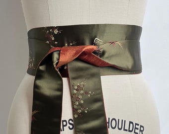 Olive Asian Brocade Obi Sash Reversing to Copper Silk Shantung