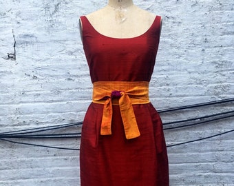 Ruby Red Silk Shantung Scoopneck Cocktail Dress, Made to Order