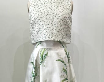 White and Green Textured Silk Crop Top, Made to Order