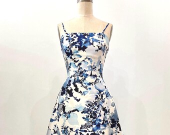 Blue Floral Mikado Tea-length A-line Dress, Made-to-Order