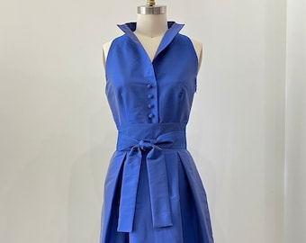 Azure Blue Sleeveless Washable Taffeta Tea-length Shirtdress, size Medium