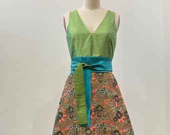 Green & Floral A-line Tea-length Silk Shantung Dress, Made to Order