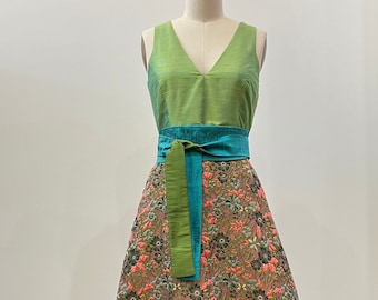 Green & Floral A-line Tea-length Silk Shantung Dress, Made to Order