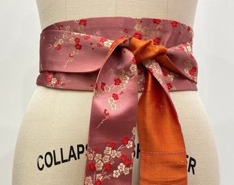 Pink and Red Cherry Blossom Brocade Obi Sash Reversing to Orange Silk Shantung