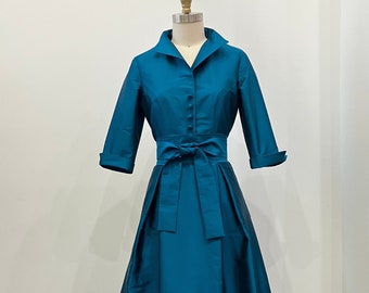 Teal Washable Taffeta Long Shirtdress, Made to Order