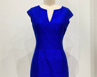 Sapphire Blue Retro-style Silk Shantung Sheath Dress, Made to Order
