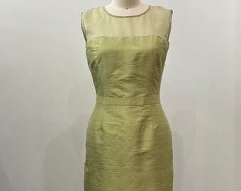 Spring Green Illusion Top Silk Shantung Sheath Dress, Made to Order