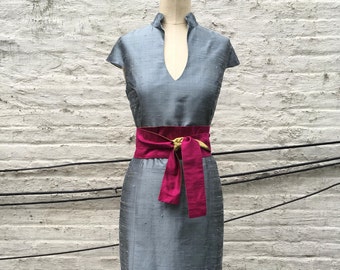 Slate Blue Silk Shantung Tea-length Modern Cheongsam Dress with Ruffle, Made to Order