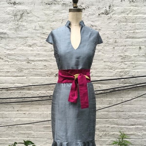 Slate Blue Silk Shantung Tea-length Modern Cheongsam Dress With Ruffle ...