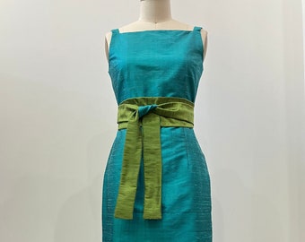 Turquoise Silk Shantung Classic Midi Dress, Made to Order