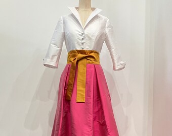 Pink and White Color-block Long Washable Taffeta Shirtdress, Made to order