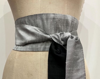 Silver Gray and Black Silk Shantung Reversible Obi Sash