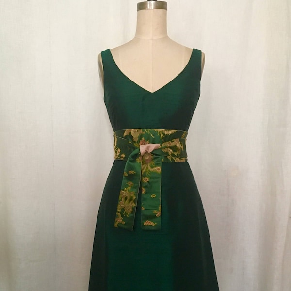 Emerald Green V-neck A-line Shantung Cocktail Dress, Made to Order