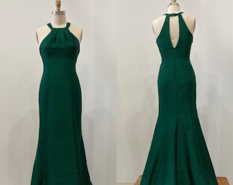 Emerald Green Silk Shantung Fit-and-Flare Long Gown, Made to Order