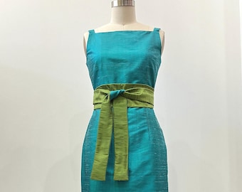 Turquoise Silk Shantung Classic Midi Dress, Made to Order