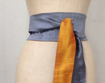 Slate Blue & Saffron Yellow Reversible Shantung Obi Sash