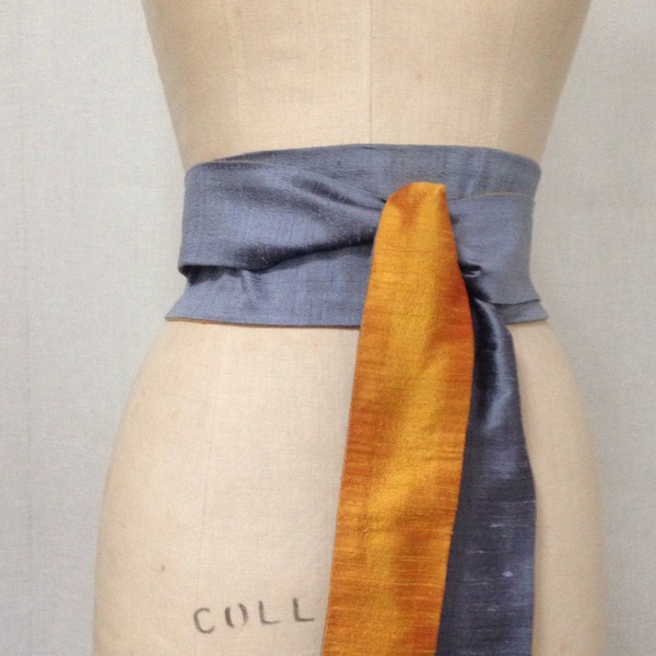 Slate Blue & Saffron Yellow Reversible Shantung Obi Sash